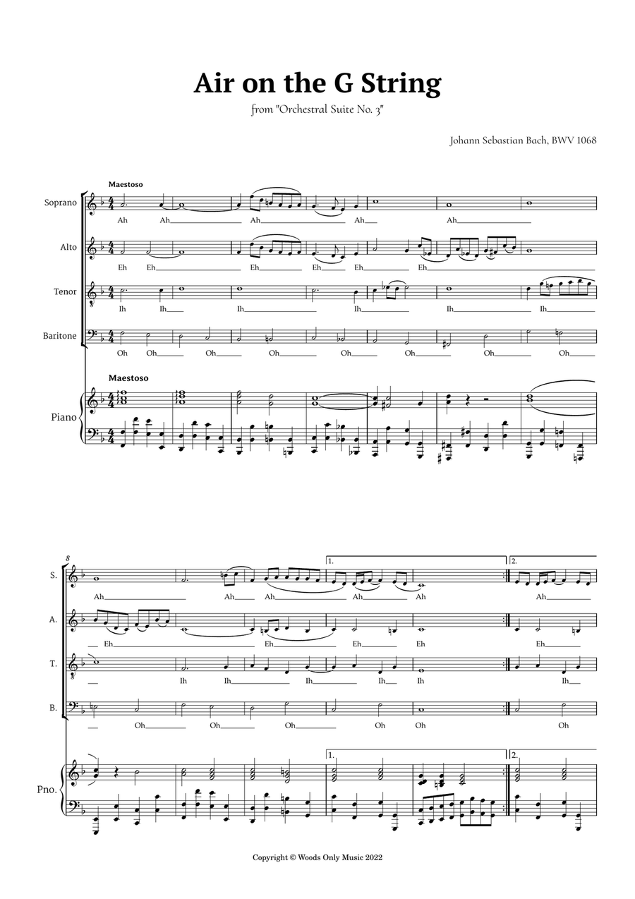 Air on the G String by Bach for Choir SATB and Piano 4-Part scores gallery preview page 2