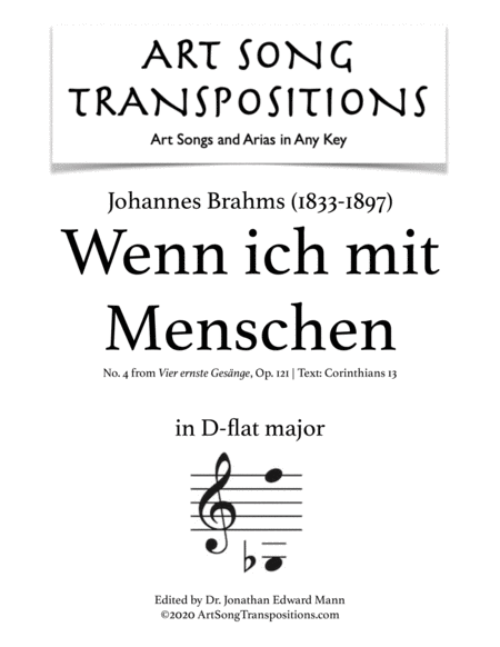 BRAHMS: Wenn ich mit Menschen und mit Engelzungen redete, Op. 121 no. 4 (transposed to D-flat major)