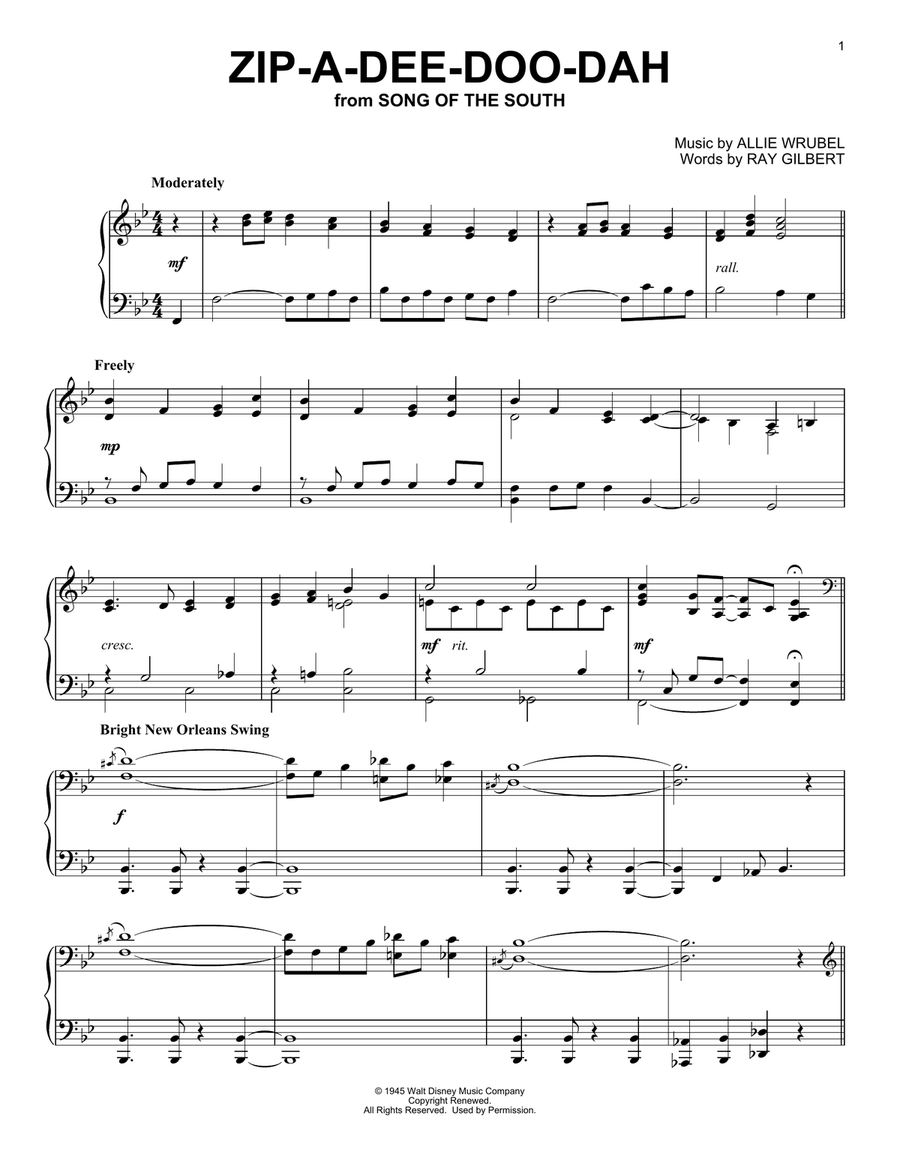 Zip-A-Dee-Doo-Dah (from Song Of The South) Piano Solo scores gallery preview page 1
