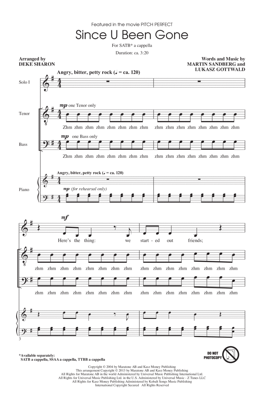 Since U Been Gone (as performed in Pitch Perfect) (arr. Deke Sharon) 4-Part scores gallery preview page 1