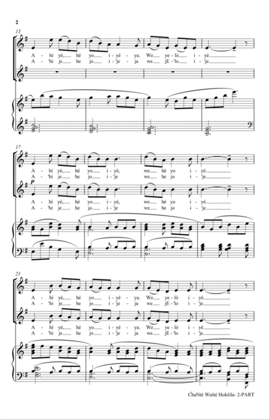 Chante Waste Hoksila (My Kind-Hearted Boy) (arr. Linthicum-Blackhorse) 2-Part scores gallery preview page 2
