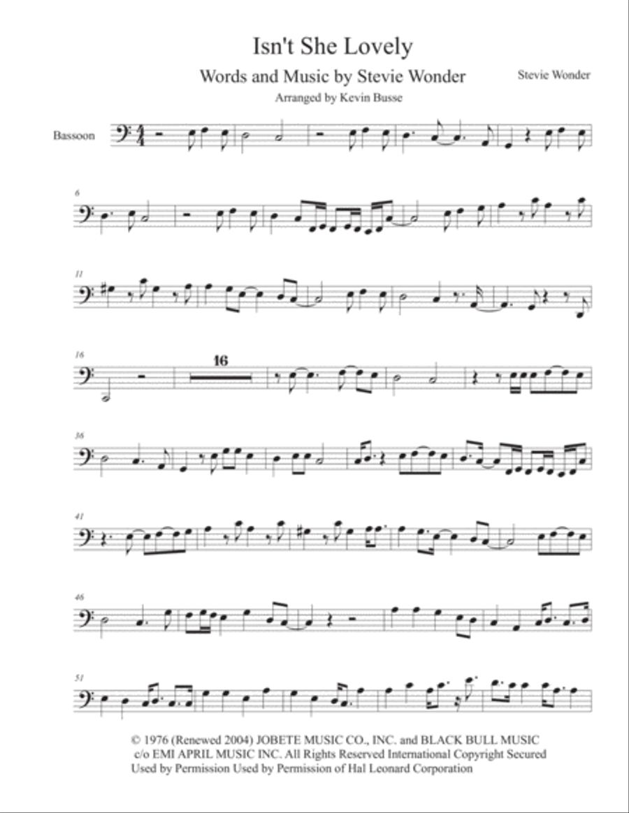 Isn't She Lovely Bassoon Solo scores gallery preview page 1