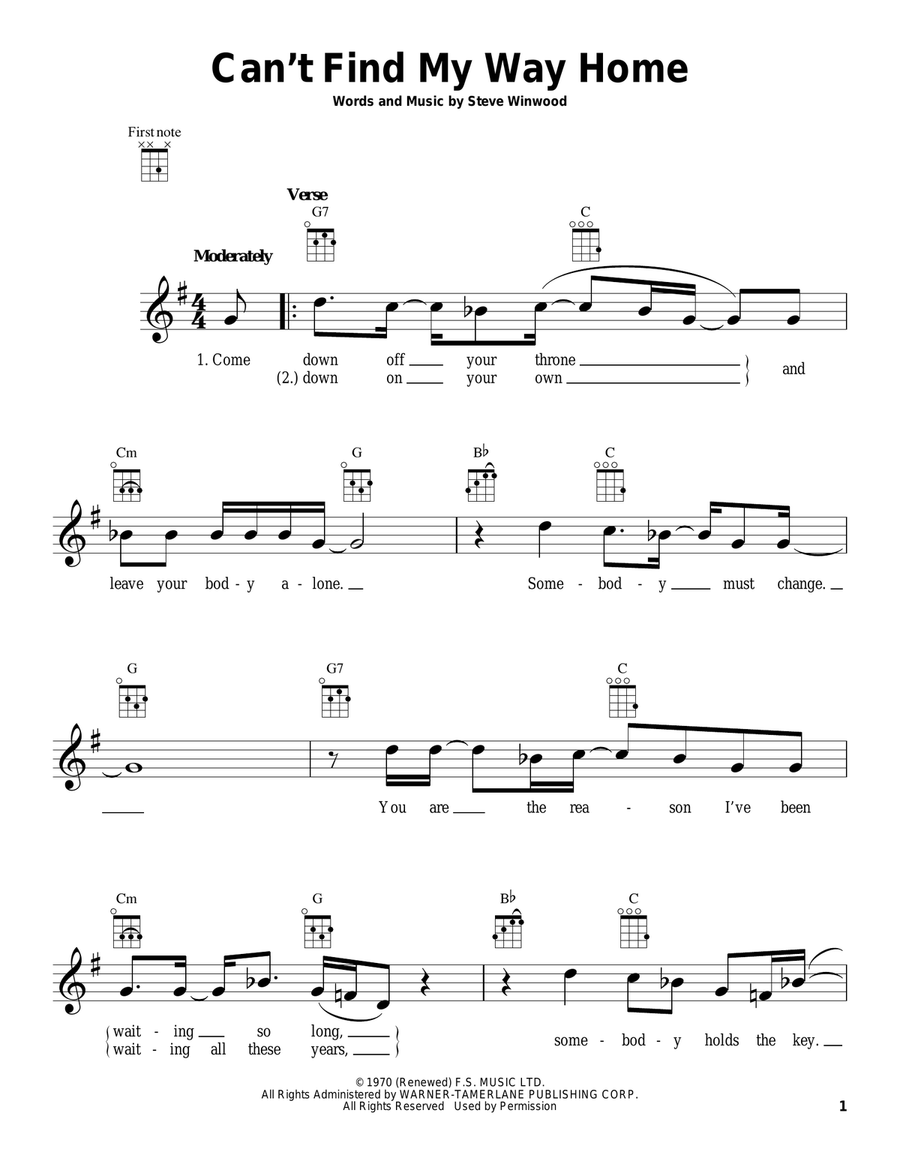 Can't Find My Way Home Can't Find My Way Home Ukulele scores gallery preview page 1