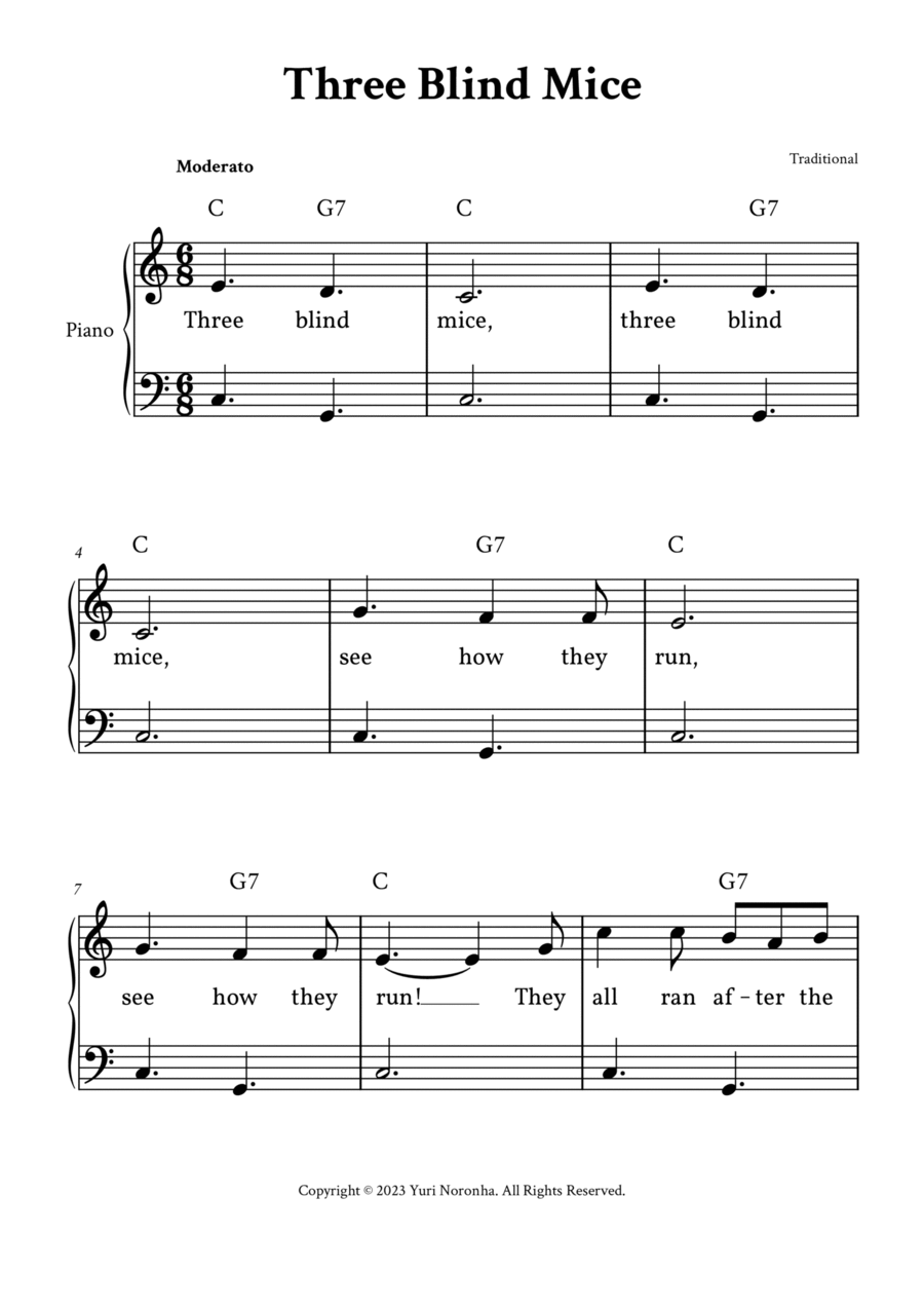Three Blind Mice - Easy Piano in C (with Lyrics) Piano Method scores gallery preview page 1