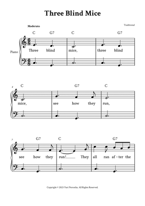 Three Blind Mice - Easy Piano in C (with Lyrics)
