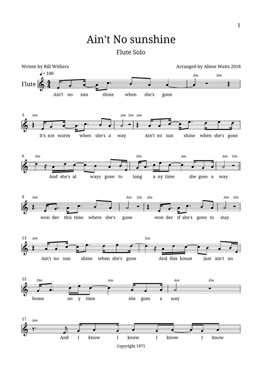 Ain't No Sunshine Flute Solo scores gallery preview page 1