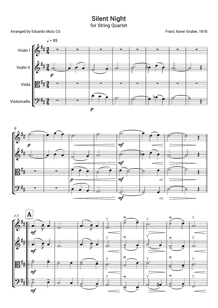 Silent Night – Intermediate String Quartet Arrangement