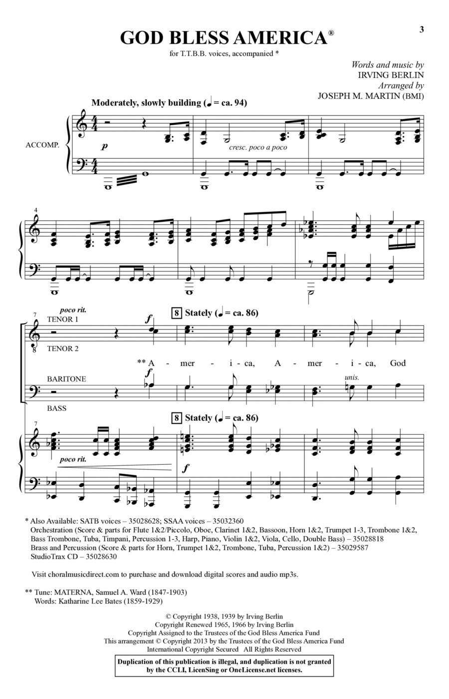 God Bless America (arr. Joseph M. Martin) TTBB scores gallery preview page 1