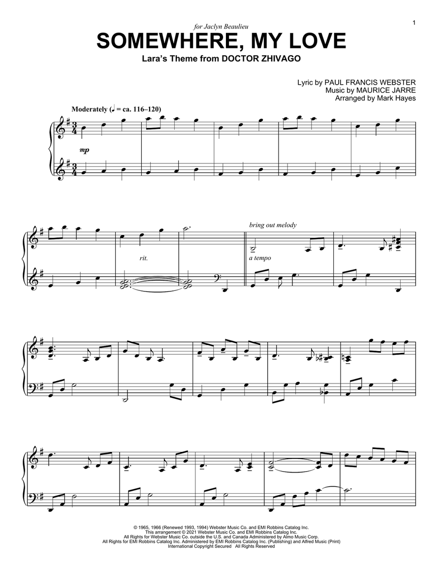 Somewhere, My Love (Lara's Theme from Doctor Zhivago) (arr. Mark Hayes) Piano Solo scores gallery preview page 1