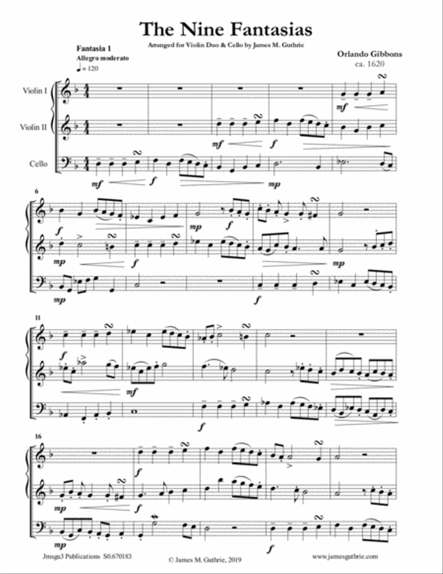 Gibbons: The Nine Fantasias for Violin Duo & Cello String Duet scores gallery preview page 1