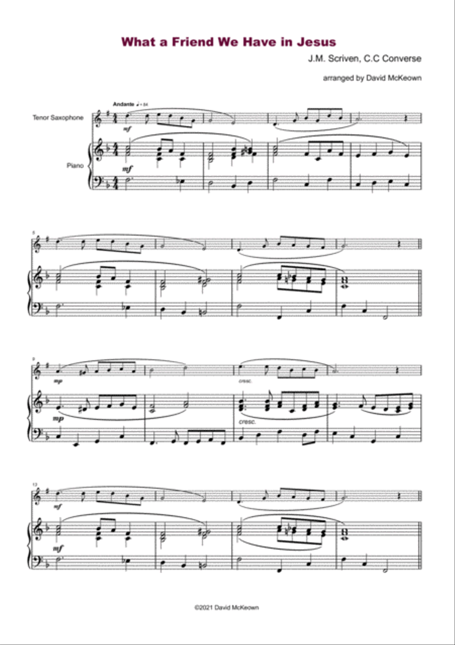What A Friend We Have In Jesus, Gospel Hymn for Tenor Saxophone and Piano Tenor Saxophone scores gallery preview page 2