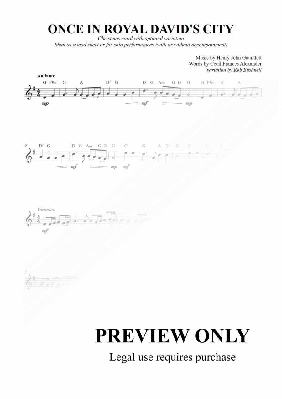 Once in Royal David's City - Lead Sheet or Solo for treble-clef instrument (G Major) Part scores gallery preview page 1