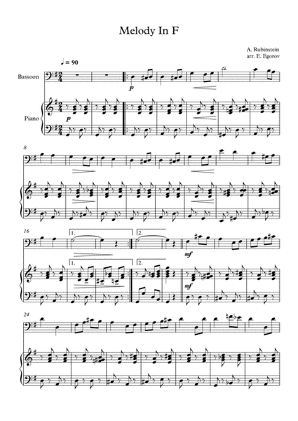 Melody In F, Anton Rubinstein, For Bassoon & Piano image number null