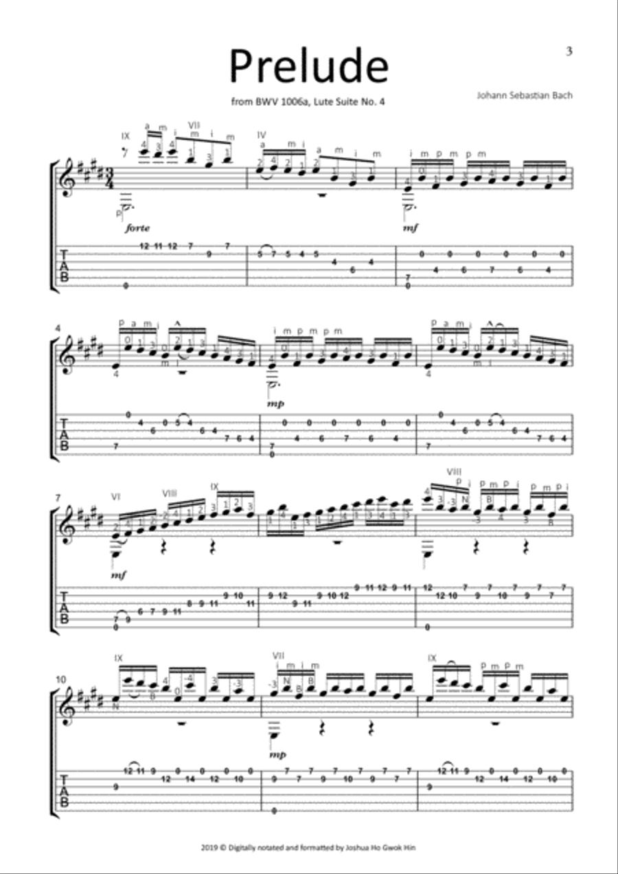 Prelude BWV 1006a John Williams' fingerings Classical Guitar scores gallery preview page 3