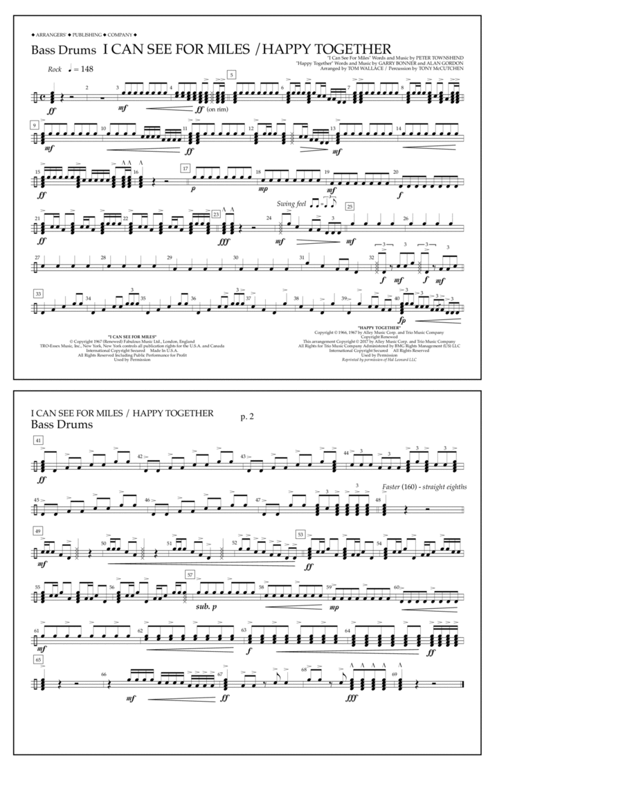 I Can See for Miles/Happy Together - Bass Drums Marching Band scores gallery preview page 1