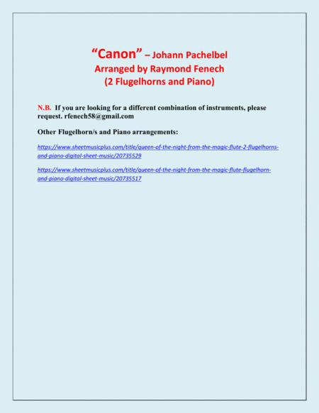 Canon - Johann Pachebel - 2 Flugelhorns and Piano - Intermediate/Advanced Intermediate level image number null