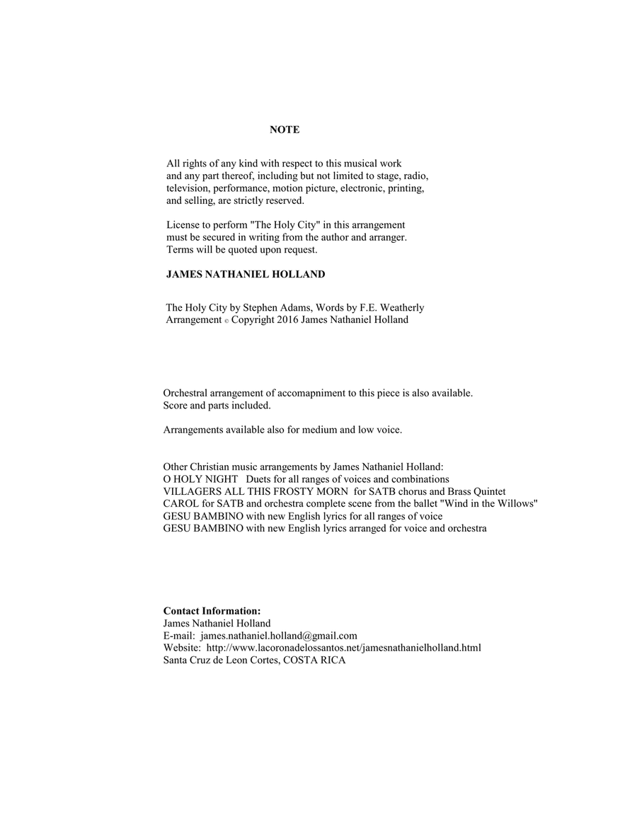 The Holy City for Solo High Voice (Soprano or Tenor) Voice and Piano (Key of Db) Tenor Voice scores gallery preview page 2