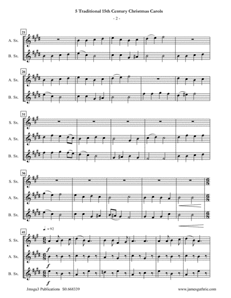 5 Traditional 15th Century Christmas Carols for Soprano, Alto & Baritone Sax Trio image number null