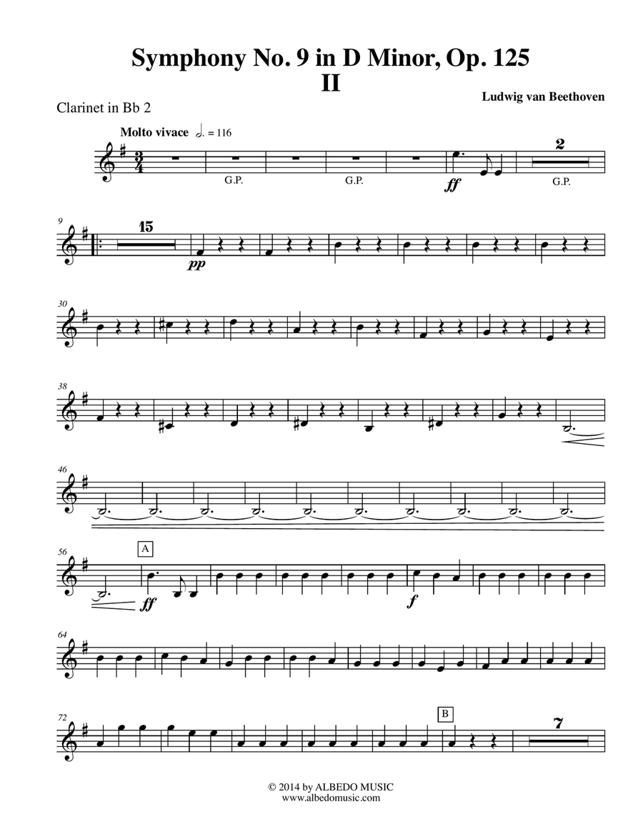 Beethoven Symphony No. 9, Movement II - Clarinet in Bb 2 (Transposed Part), Op. 125 B-Flat Clarinet scores gallery preview page 1