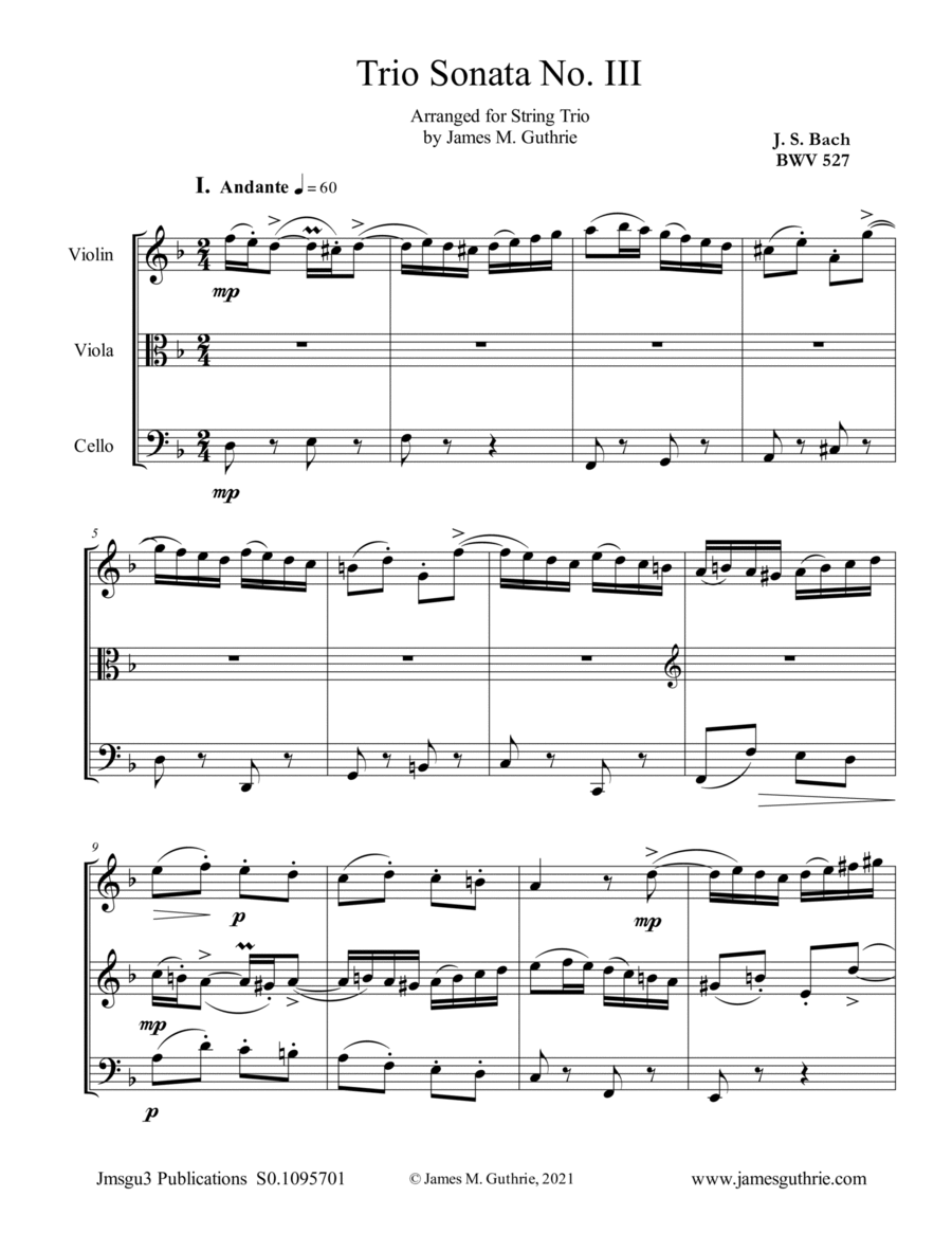 BACH: Trio Sonata No. 3 BWV 527 for String Trio String Trio scores gallery preview page 1