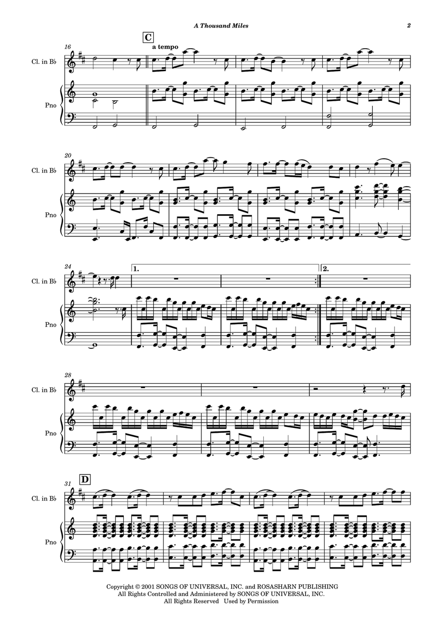 A Thousand Miles B-Flat Clarinet scores gallery preview page 3
