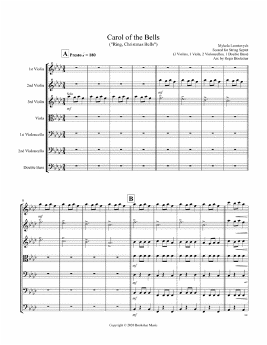 Carol of the Bells (F min) (String Septet - 3 Violin, 1 Viola, 2 Cello, 1 Bass) Cello scores gallery preview page 1