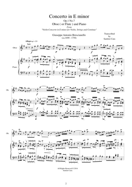 Brescianello - Concerto in E minor Op.1 No.7 for Oboe (or Flute) and Piano image number null