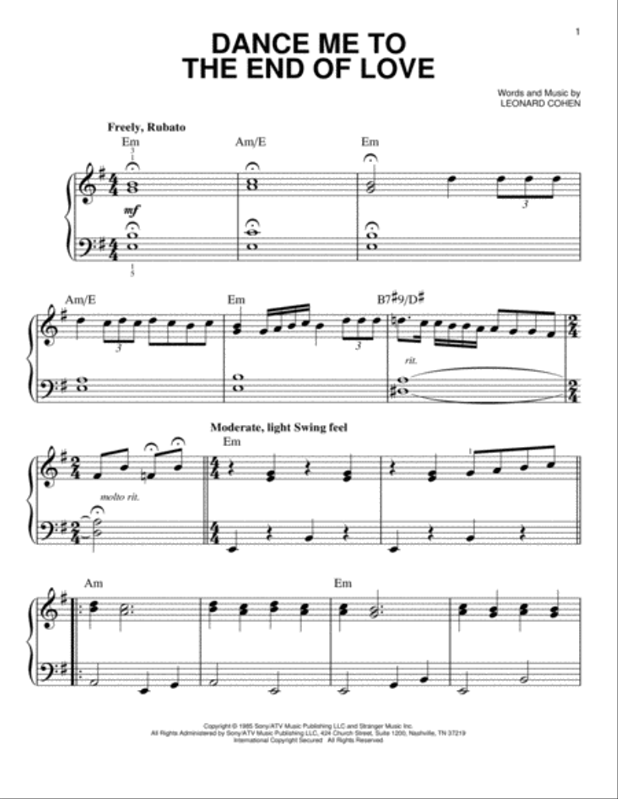Dance Me To The End Of Love Easy Piano scores gallery preview page 1