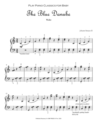 Book cover for The Blue Danube (Play Piano Classics for Baby) Piano Solo Grade 2 with note names and finger numbers