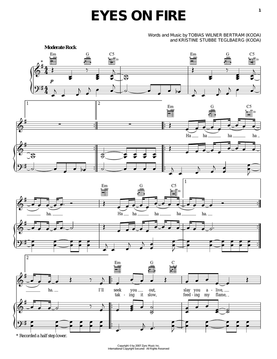 Eyes On Fire Piano, Vocal, Guitar scores gallery preview page 1