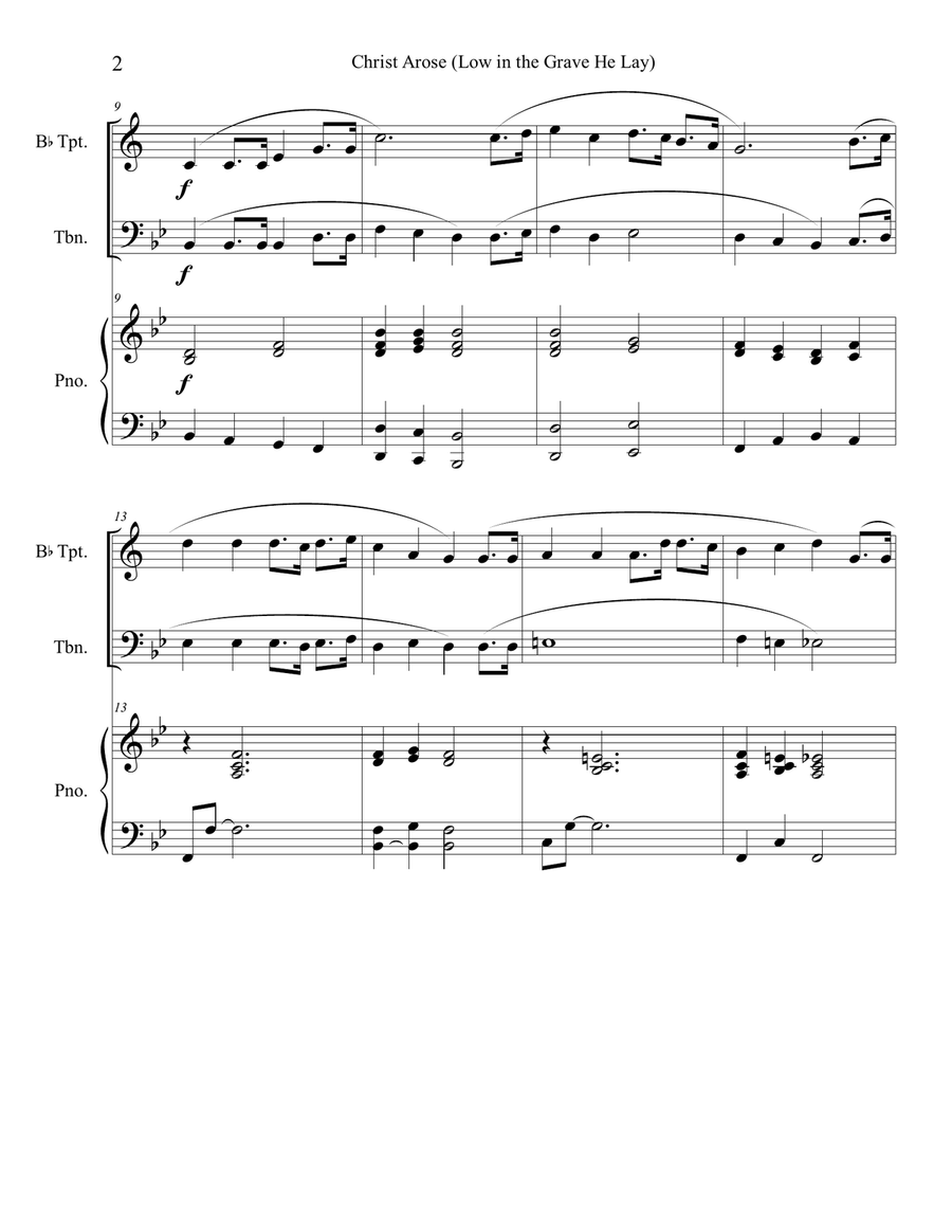 Christ Arose (Low in the Grave He Lay) for trumpet and trombone duet with optional piano Brass Duet scores gallery preview page 2