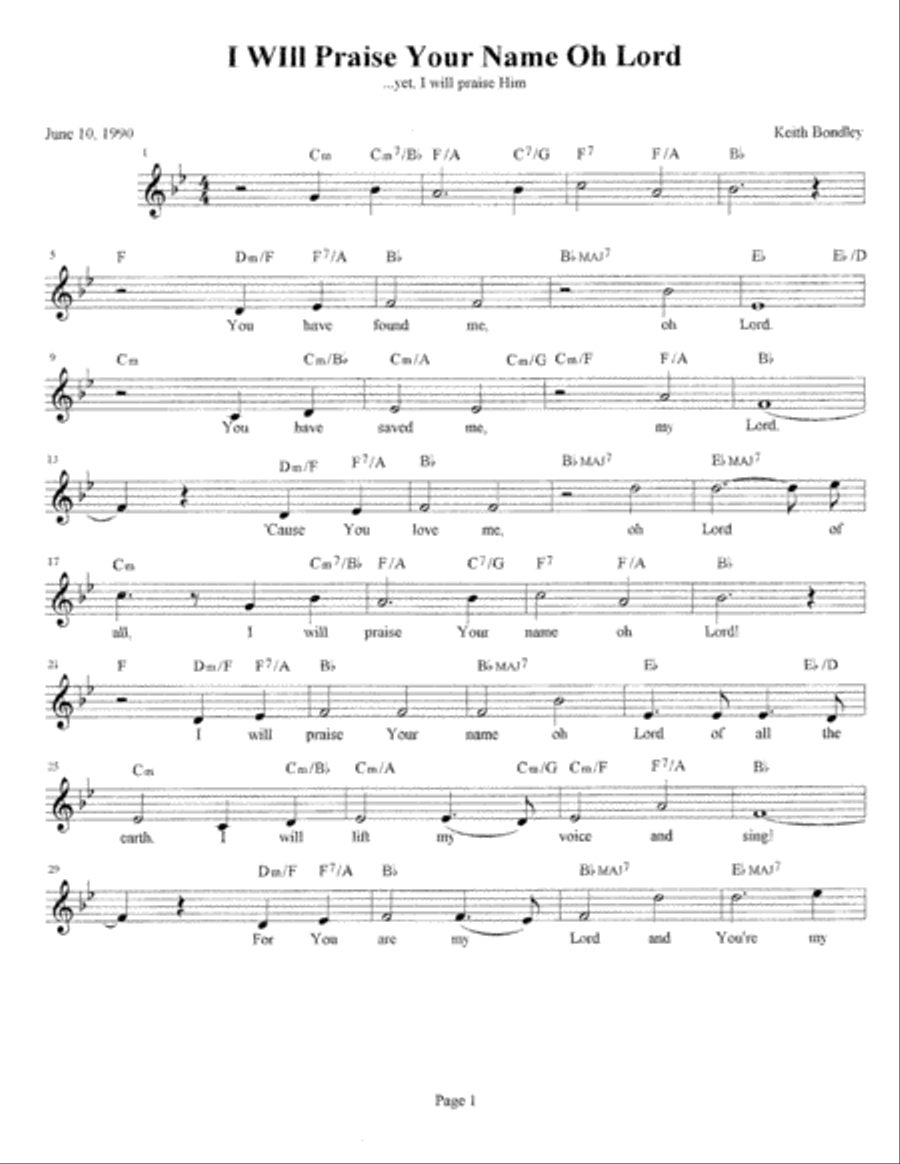 I Will Praise Your Name O Lord Piano, Vocal, Guitar scores gallery preview page 1
