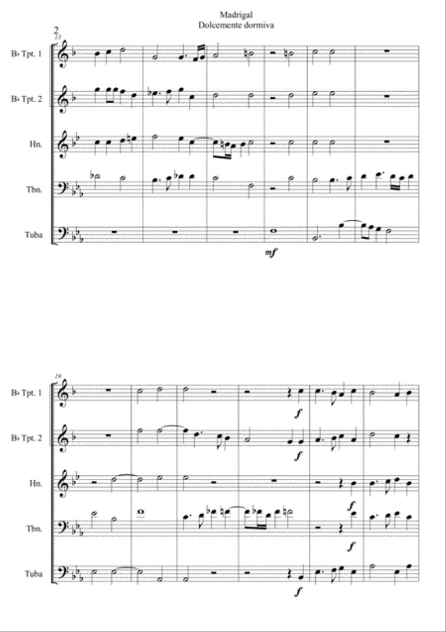 Madrigal 'Dolcemente dormiva' for Brass quintet Choir scores gallery preview page 2