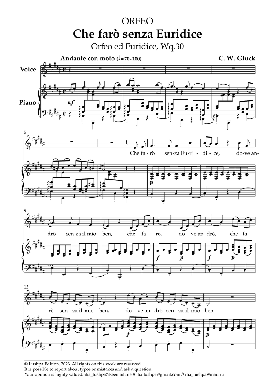 Che farò senza Euridice (B major) Piano, Vocal scores gallery preview page 3