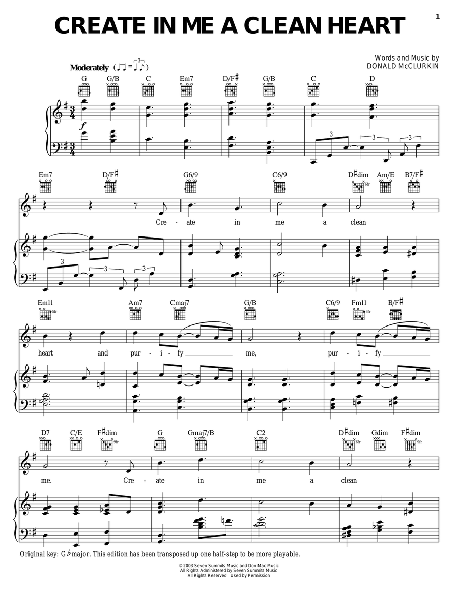 Create In Me A Clean Heart Piano, Vocal, Guitar scores gallery preview page 1