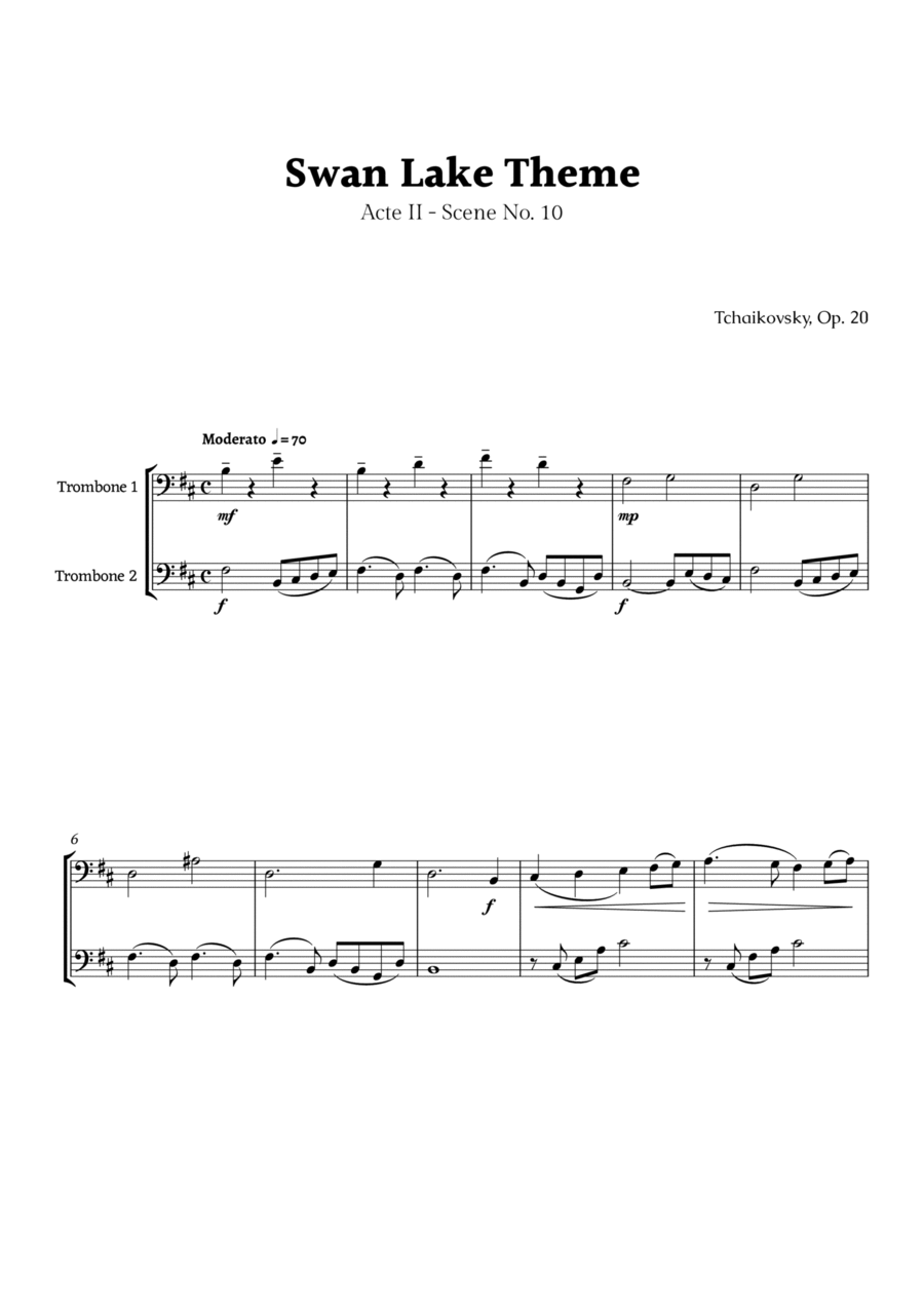 Swan Lake Theme by Tchaikovsky Trombone Duet scores gallery preview page 1