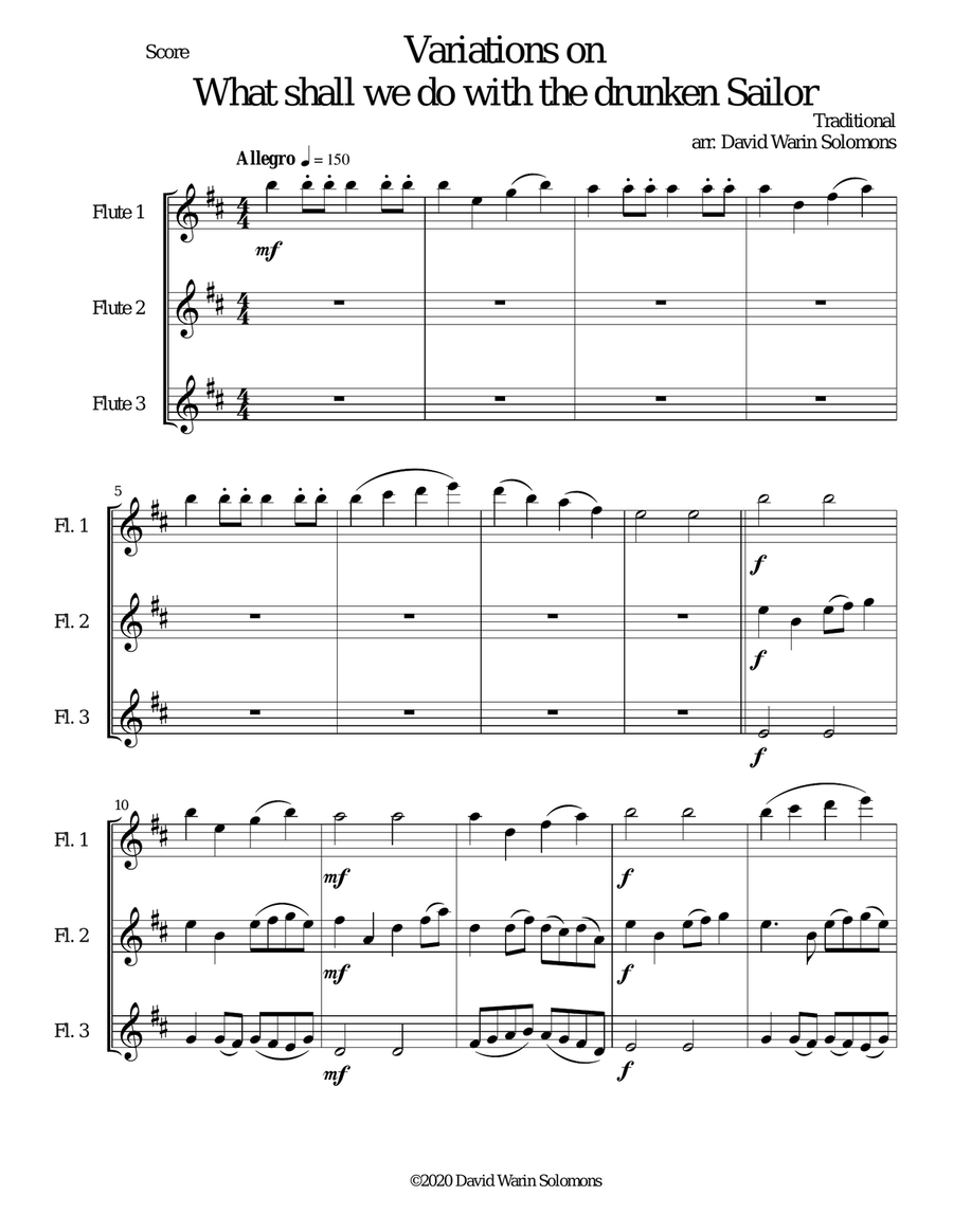 Variations on What shall we do with the drunken sailor for flute trio (3 C flutes) Flute Trio scores gallery preview page 1