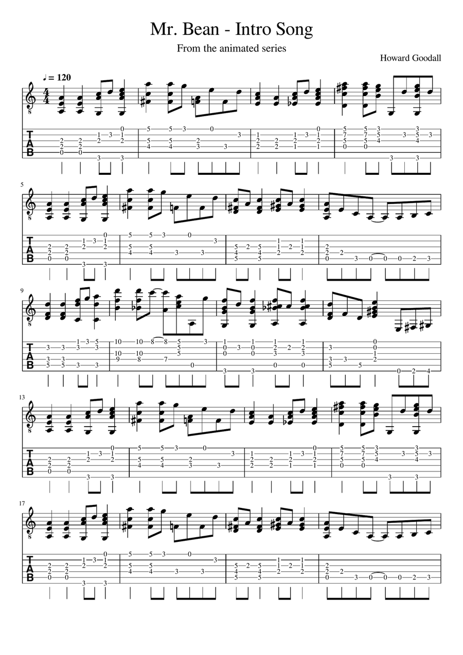 Mr. Bean Animated Series Theme Guitar Tablature scores gallery preview page 1
