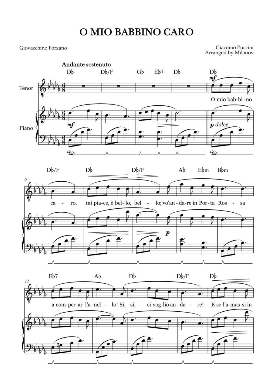 O Mio Babbino Caro | Male Voice Tenor | D-flat Major | Piano accompaniment | Pedal | Chords Tenor Voice scores gallery preview page 1
