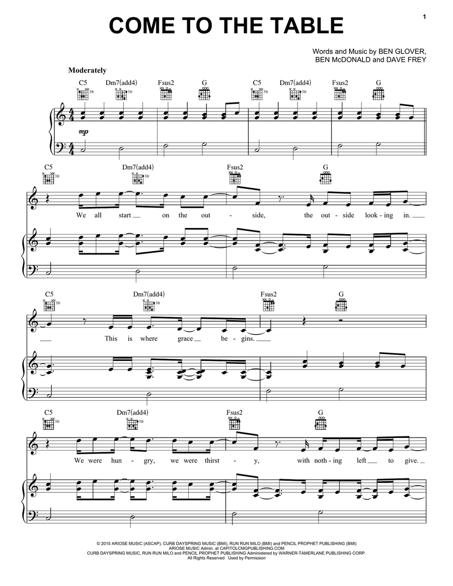 Come To The Table Piano, Vocal, Guitar scores gallery preview page 1