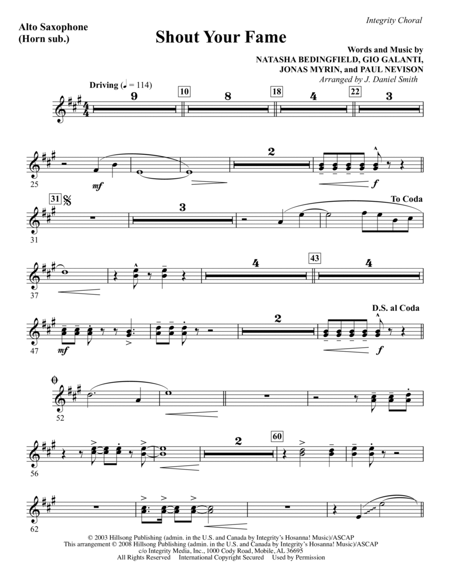 Shout Your Fame - Alto Sax (sub. Horn) Choir scores gallery preview page 1