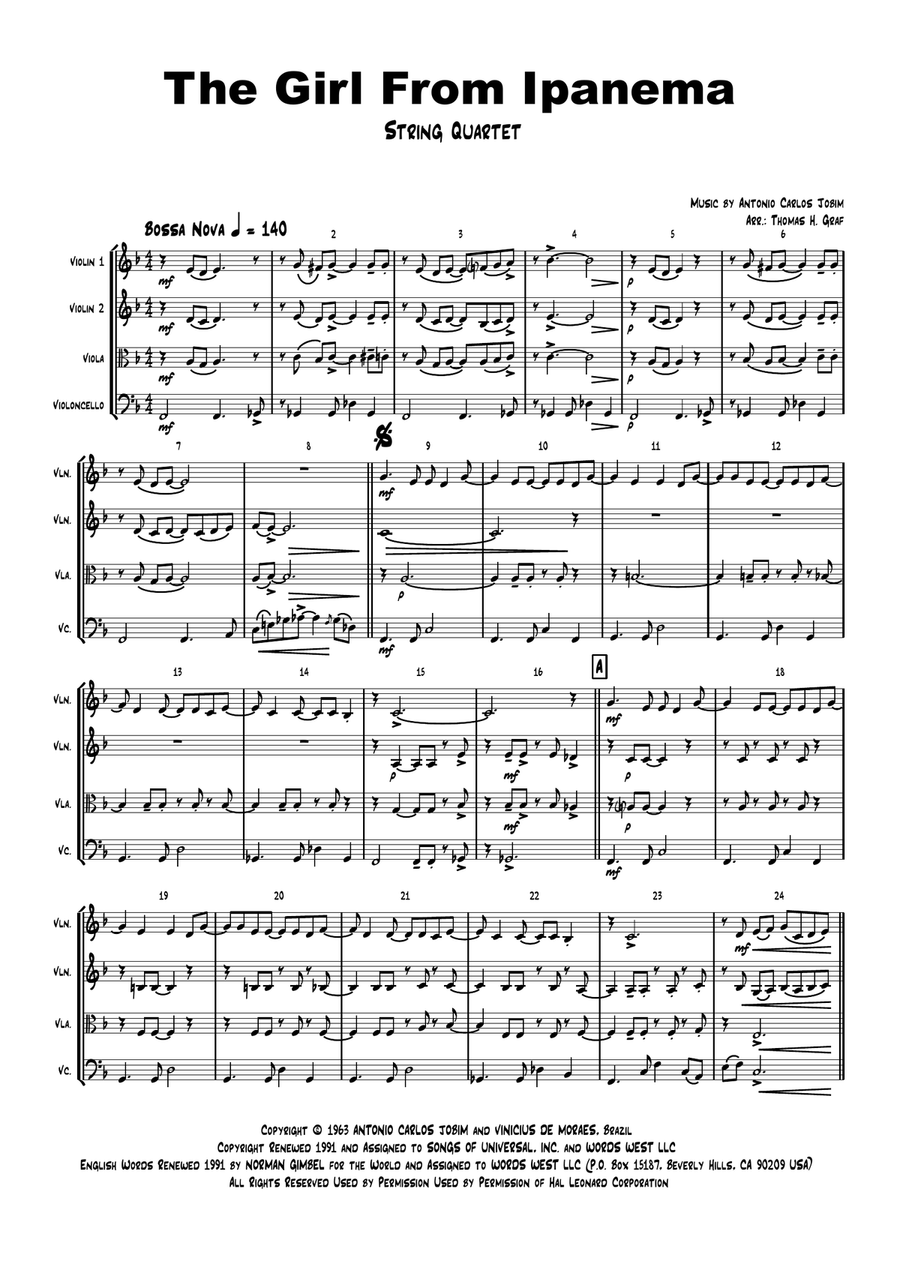 The Girl From Ipanema (Garota De Ipanema) String Quartet scores gallery preview page 1