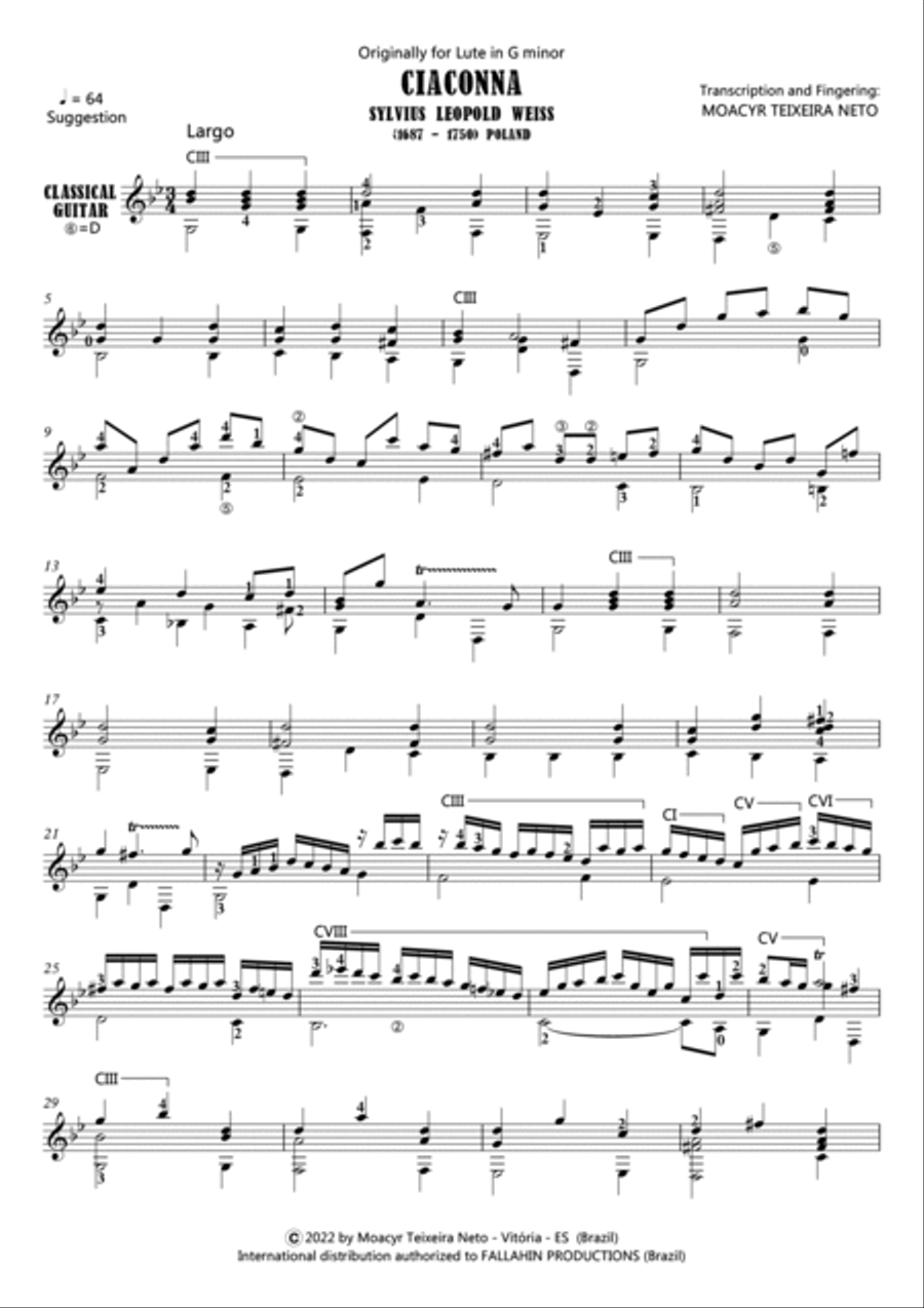 CIACONNA - SYLVIUS LEOPOLD WEISS - FOR GUITAR SOLO Acoustic Guitar scores gallery preview page 2