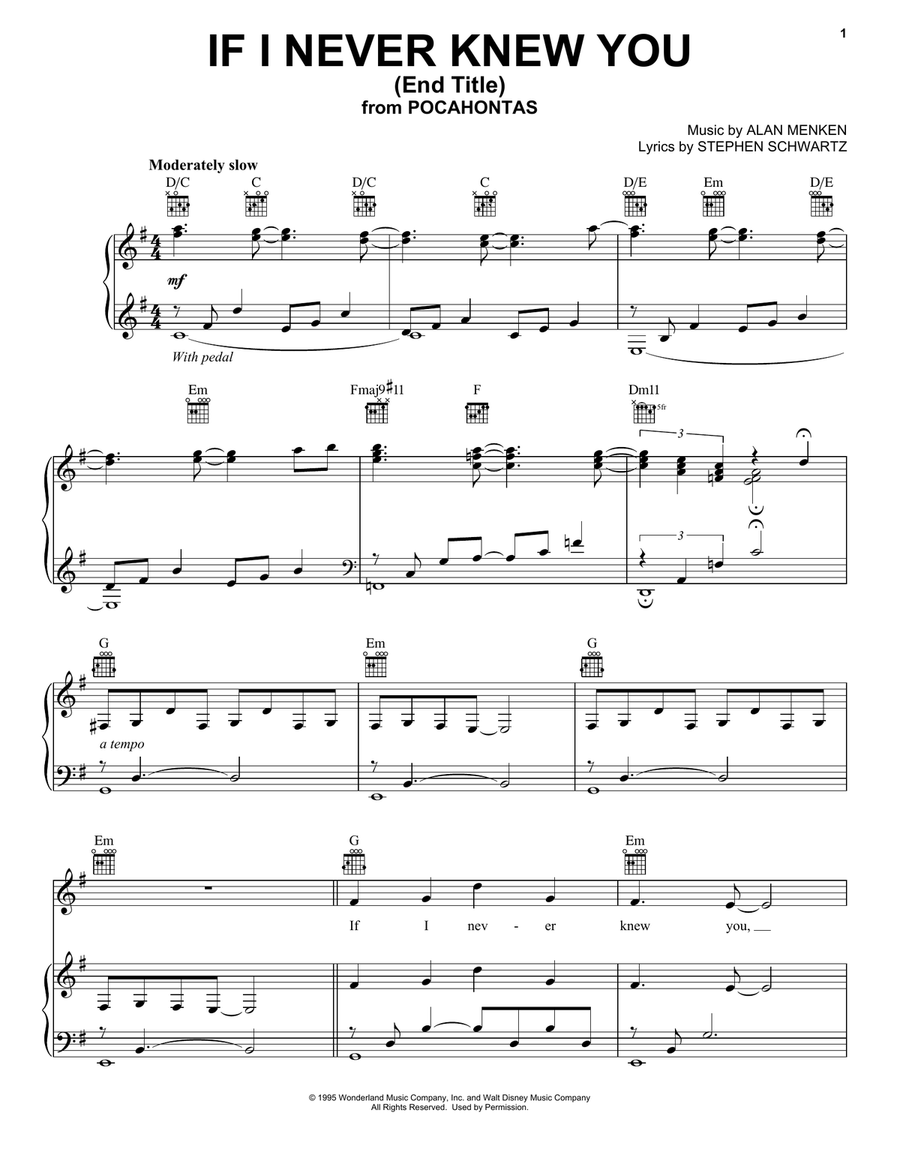 If I Never Knew You (End Title) (from Pocahontas) Acoustic Guitar scores gallery preview page 1