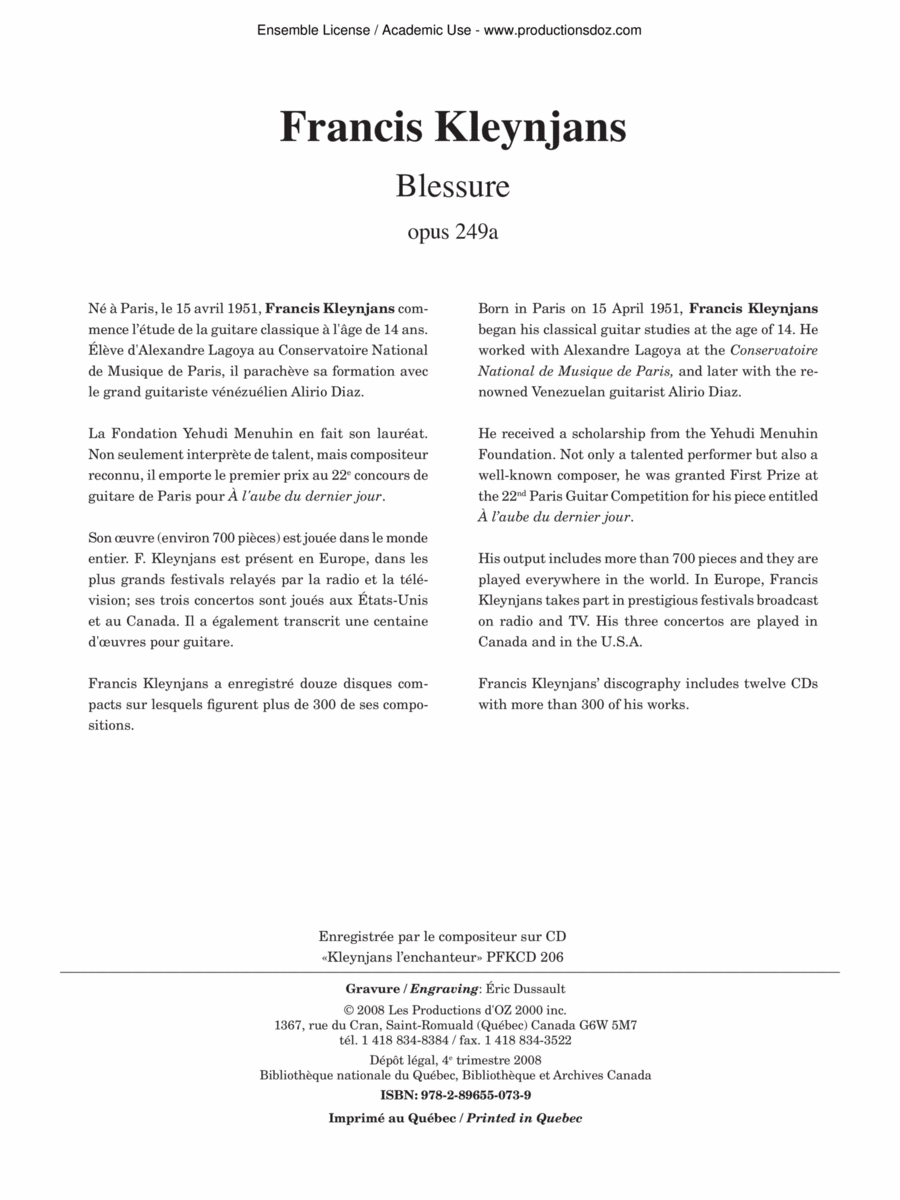 Blessure, opus 249a Blessure, opus 249a Classical Guitar scores gallery preview page 1