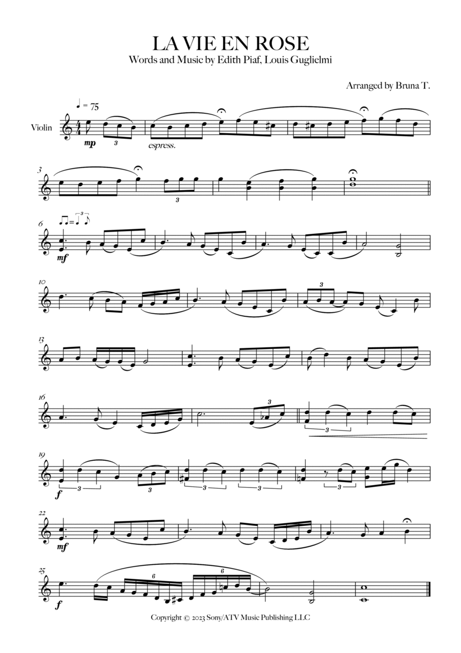 La Vie En Rose Violin Solo scores gallery preview page 1