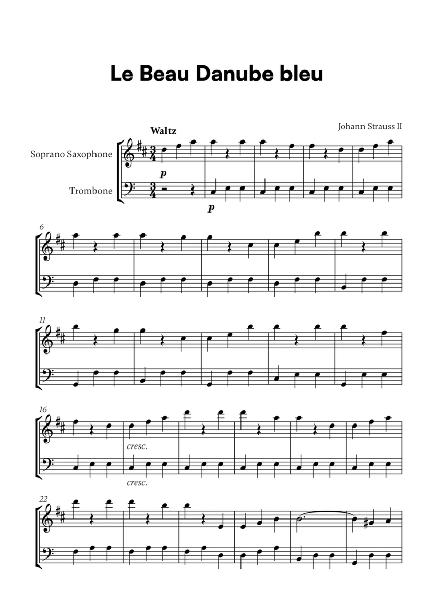 Johann Strauss II - Le Beau Danube bleu for Soprano Saxophone and Trombone image number null