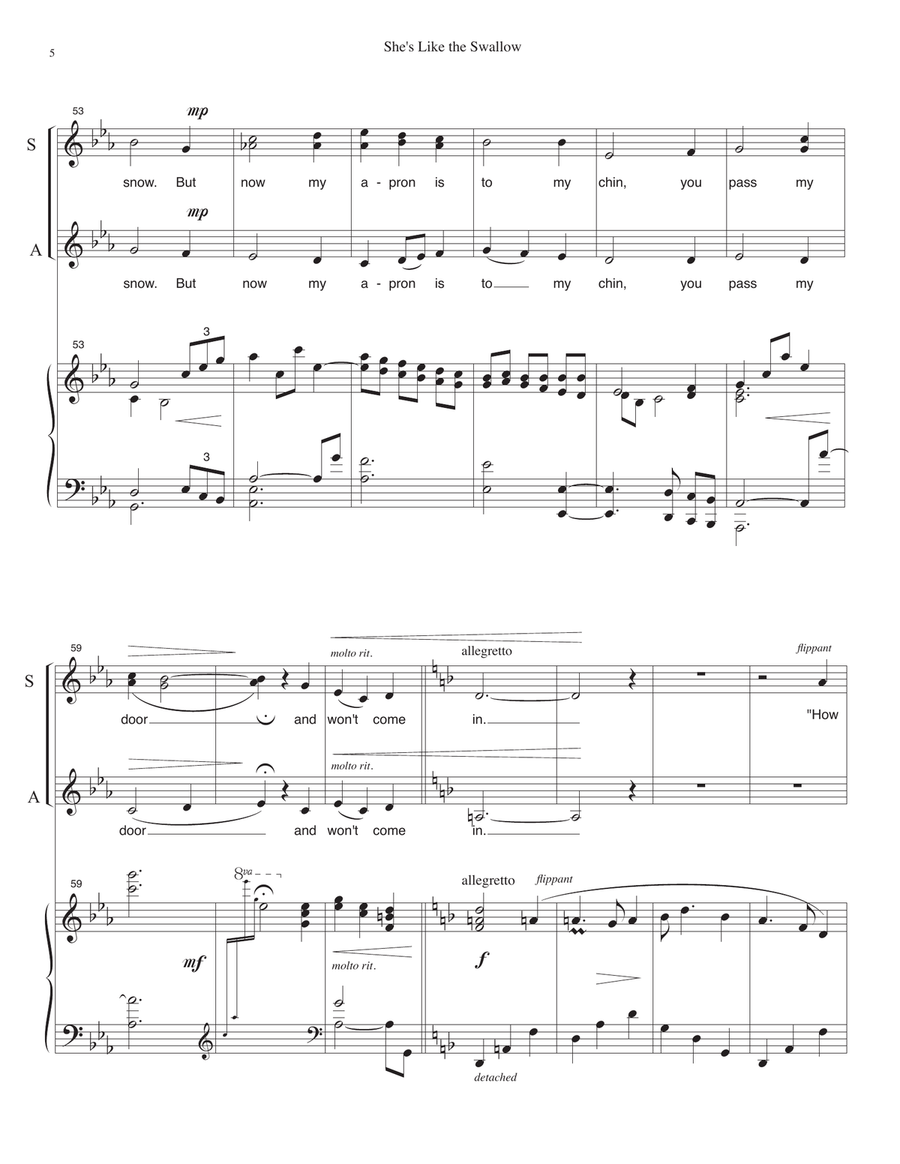 She's Like the Swallow for SSA choir and piano. Newfoundland folk song ballad. SSA scores gallery preview page 6