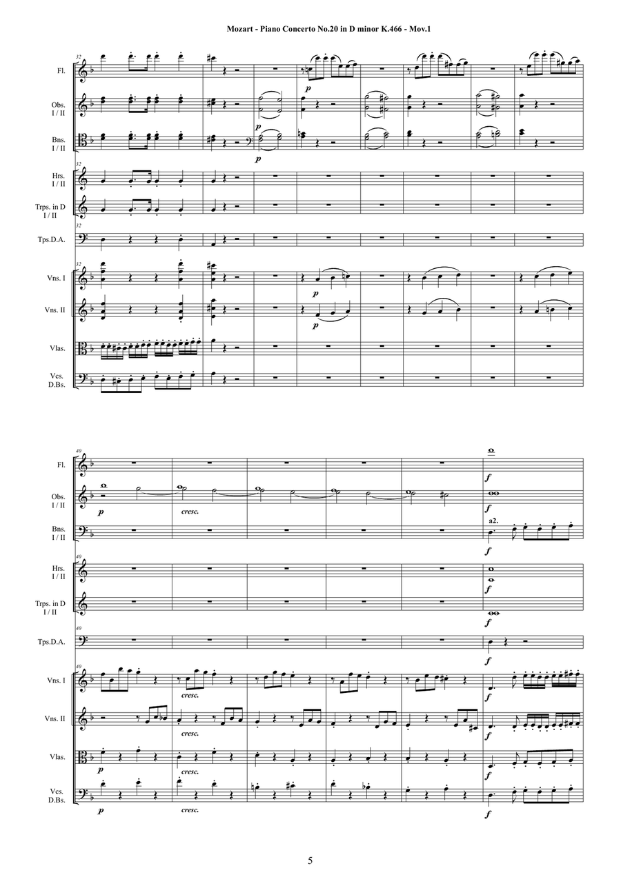 Mozart - Piano Concerto No.20 in D minor K 466 for Piano and Orchestra String Orchestra scores gallery preview page 5