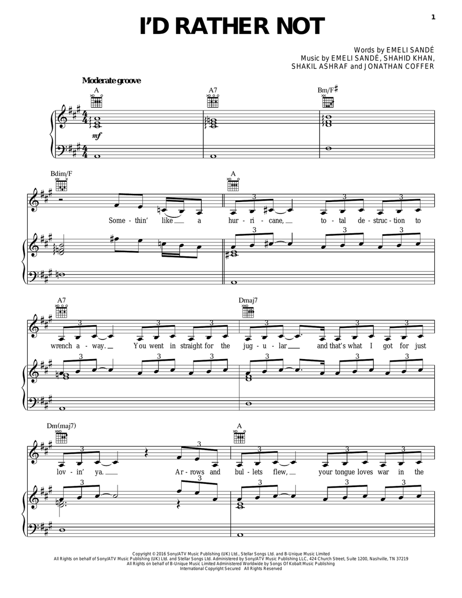 I'd Rather Not Piano, Vocal, Guitar scores gallery preview page 1